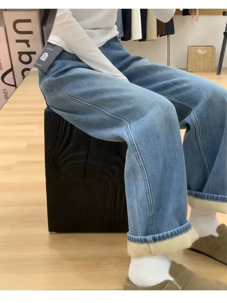 

Slim Fit Wide Leg Denim Jeans Women's Thiened Fce Autumn Winter High Waist Loose Straight Long Trousers Casual Sle