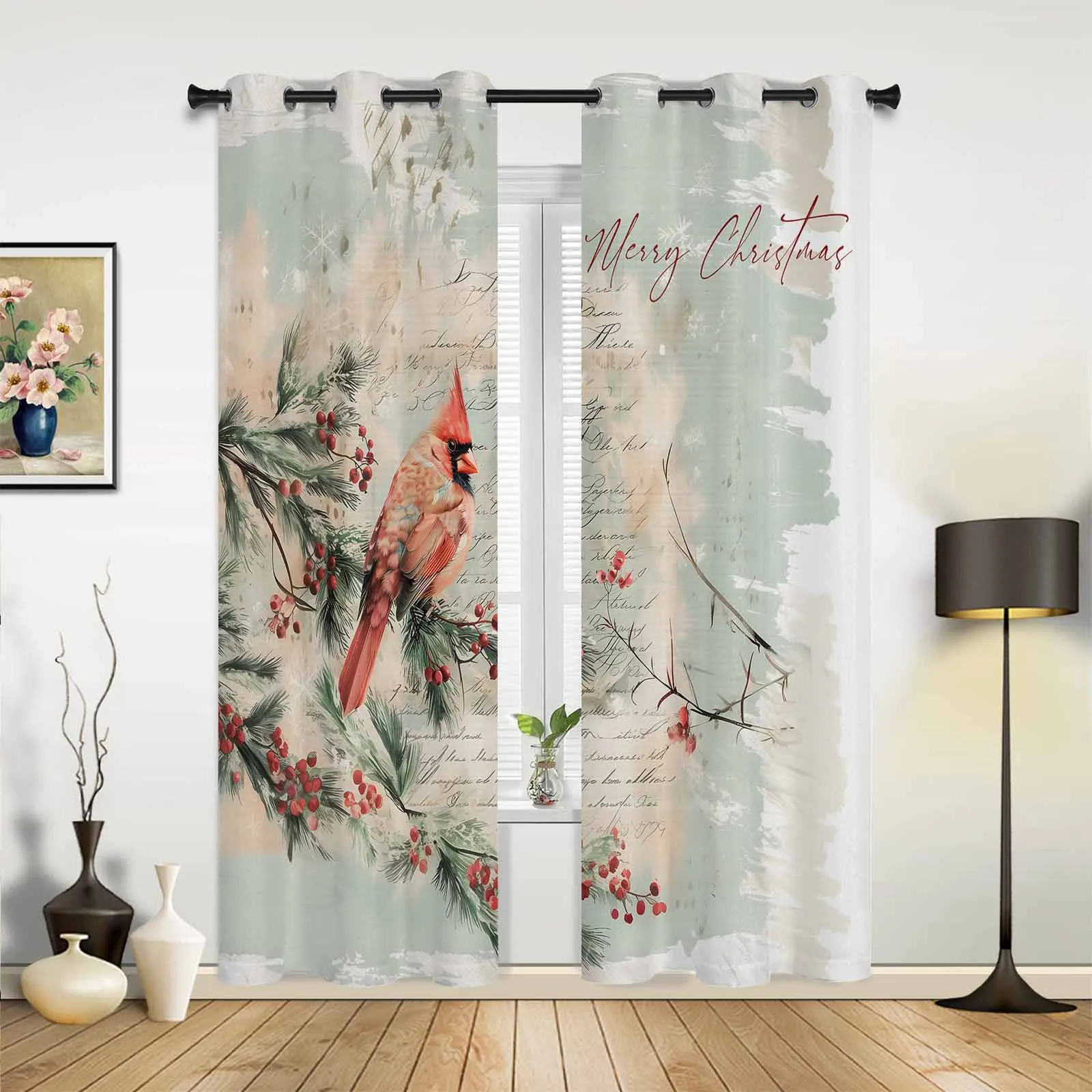 Christmas Winter Cardinal Berries Windows Curtains Living Room Luxury Decor Christmas Curtains Bedroom Kitchen Window Drapes