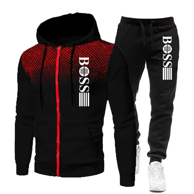 Men's Autumn and Winter Casual Jogging and Fitness Two-piece Outdoor Fashionable Zippered Hooded Jacket + Sweatpants Set