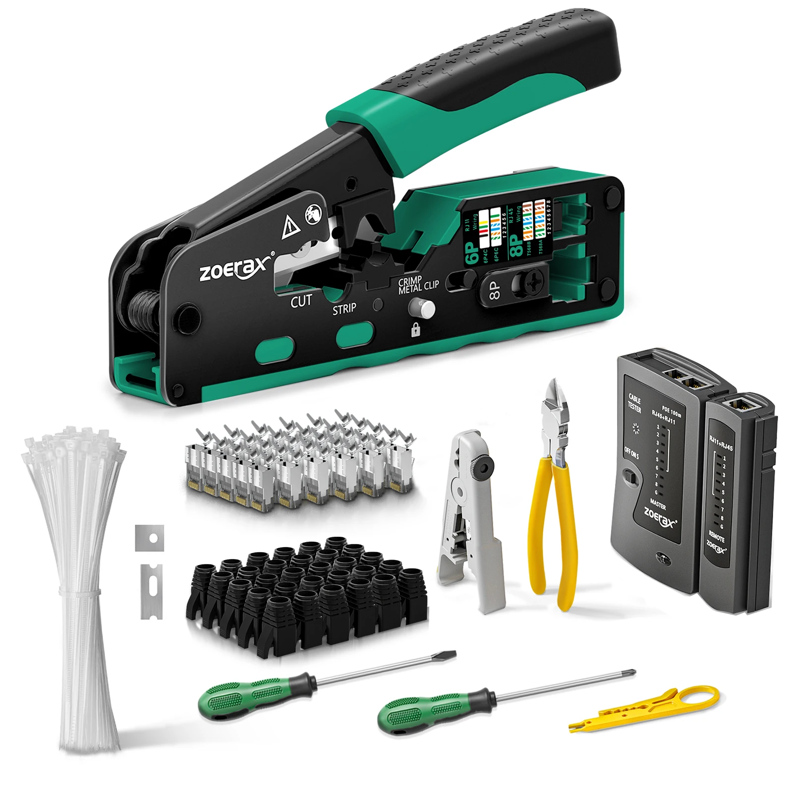 ZoeRax 11 en 1 RJ45 Cat7 Cat6A Kit d'outils à sertir, testeur de câble, coupe-fil, lames connecteurs Cat7 et bottes attaches de câble tournevis