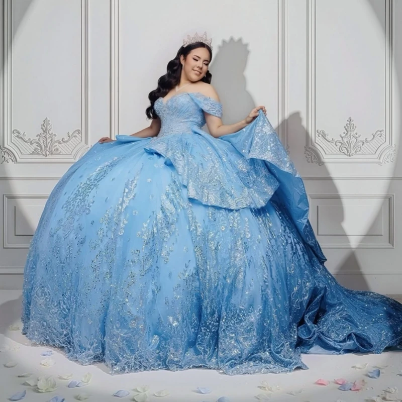 

Sky Blue Shiny Quinceanera Dresses Ball Gown Off The Shoulder Sequin Applique Lace Tull Party Birthday Sweet 16 Dress Vestidos