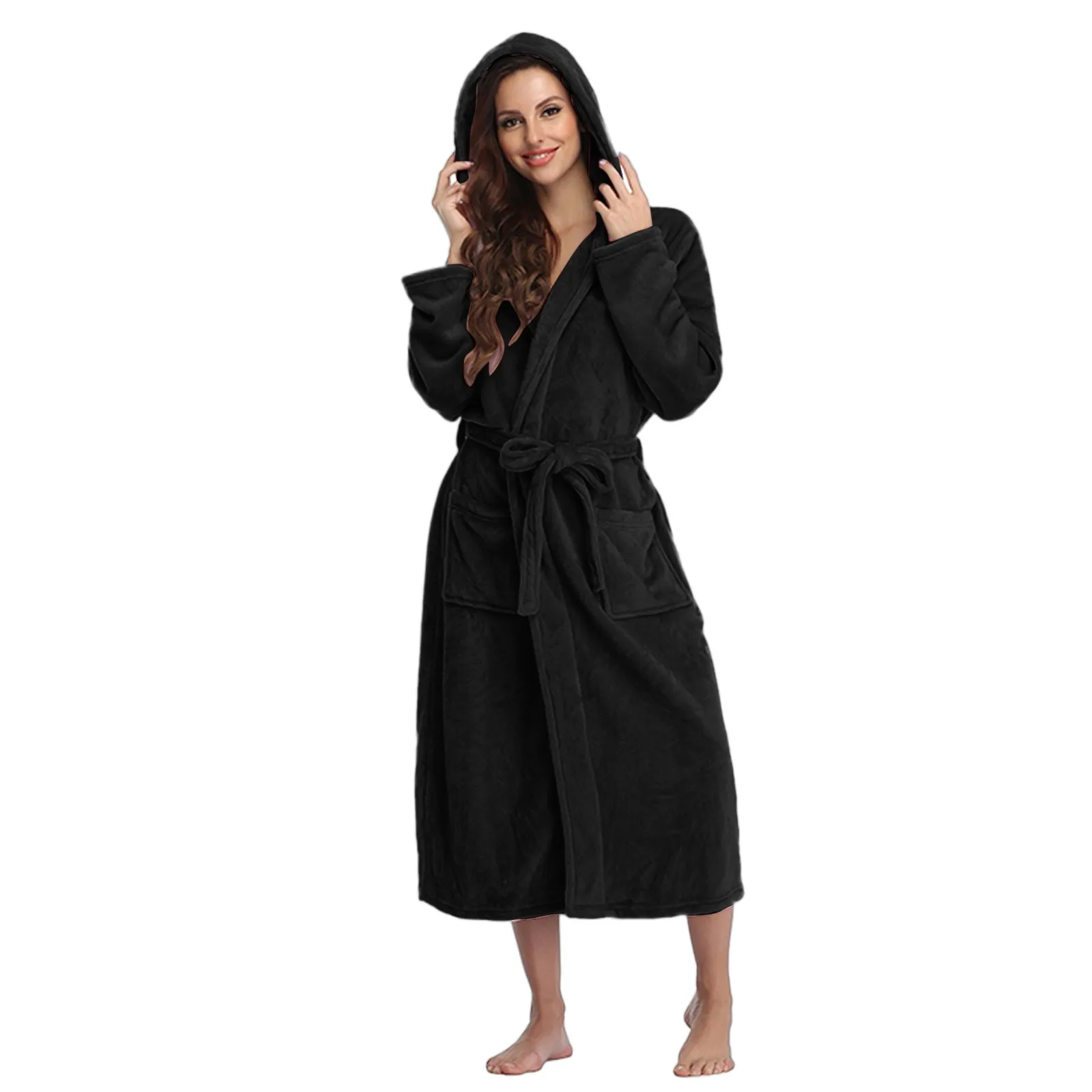 Fashion Kimono Bathrobe Hooded Fleece Bathrobe Lightweight Plush Long Flannel Sleepwear Fleece Hooded Bathrobe Plush Long Robe