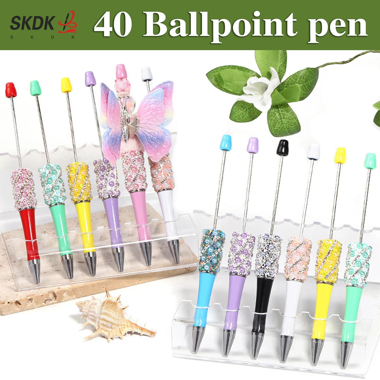 

40Pcs DIY Pearls & Full Rhinestone Bead Pen – Elegant Ballpoint Pen Gift for Teachers, Teens & Creative Projects
