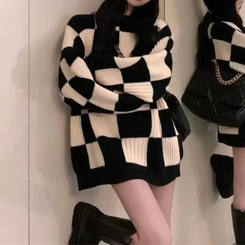 Spring Autumn Women Checkerboard Knitted Sweater Autumn Korean Casual Warm Loose Long Sleeve Top Female Streetwear Y2k Clothes