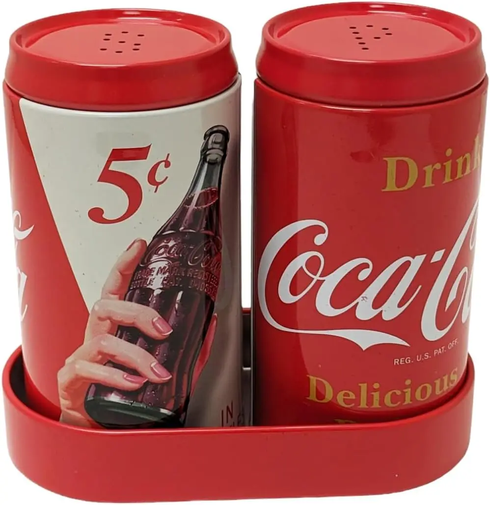 Juego de Salero y Pimentero Vintage de Coca-Cola en Soporte de Estaño, 5x2.5x7 Pulgadas