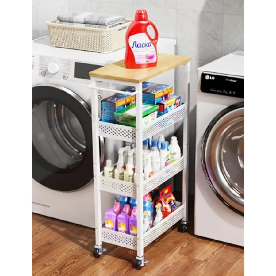 

Narrow 4-Tier Metal Storage Cart with Wood Top for Bathroom Kitchen Laundry Room Slim Rolling Organizer Shelf in White for Smal