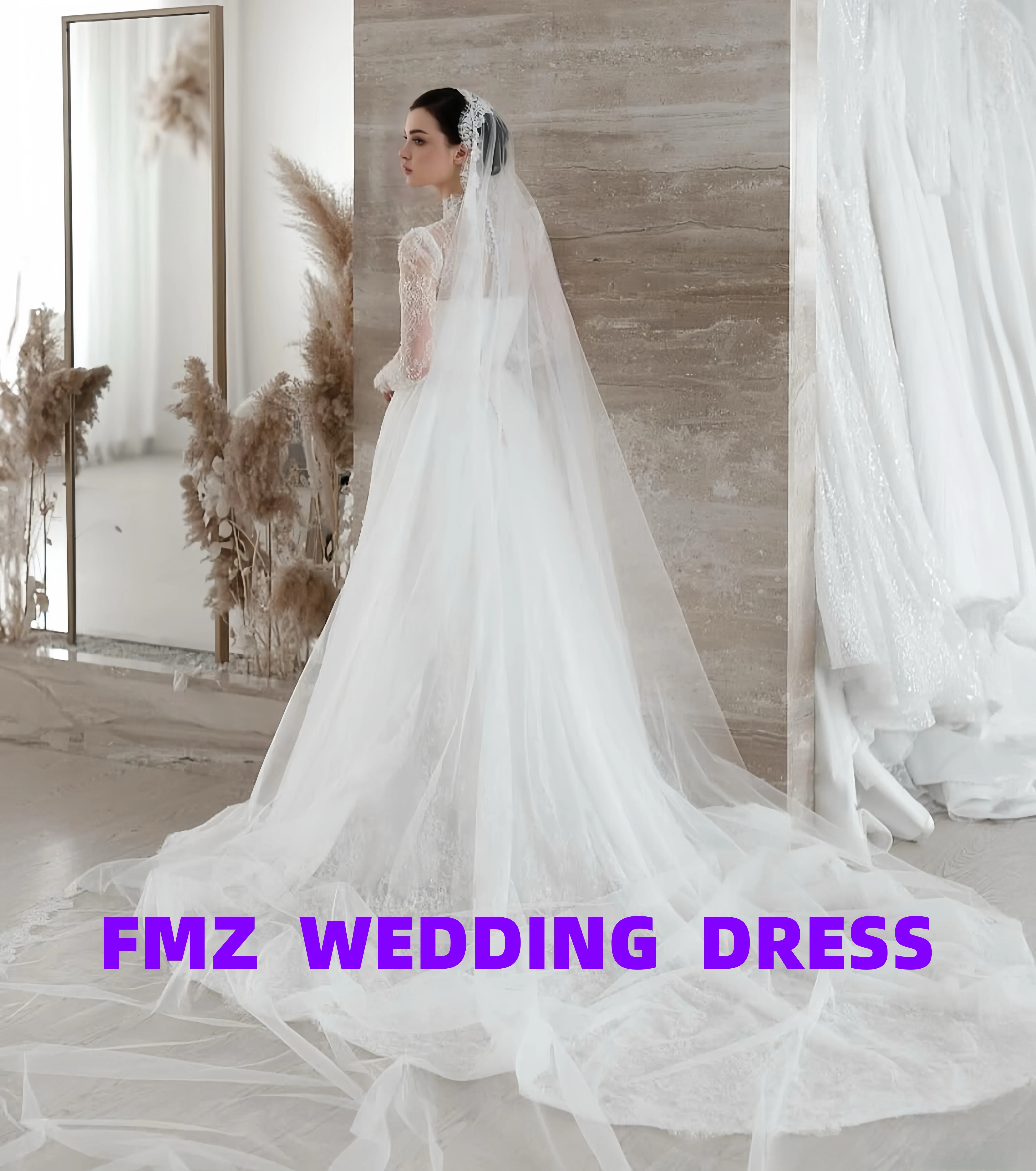 Personalizado cuello alto de manga larga A-LINE encaje elegante vestidos de novia vestido de novia vestidos para mujer bata de mariee