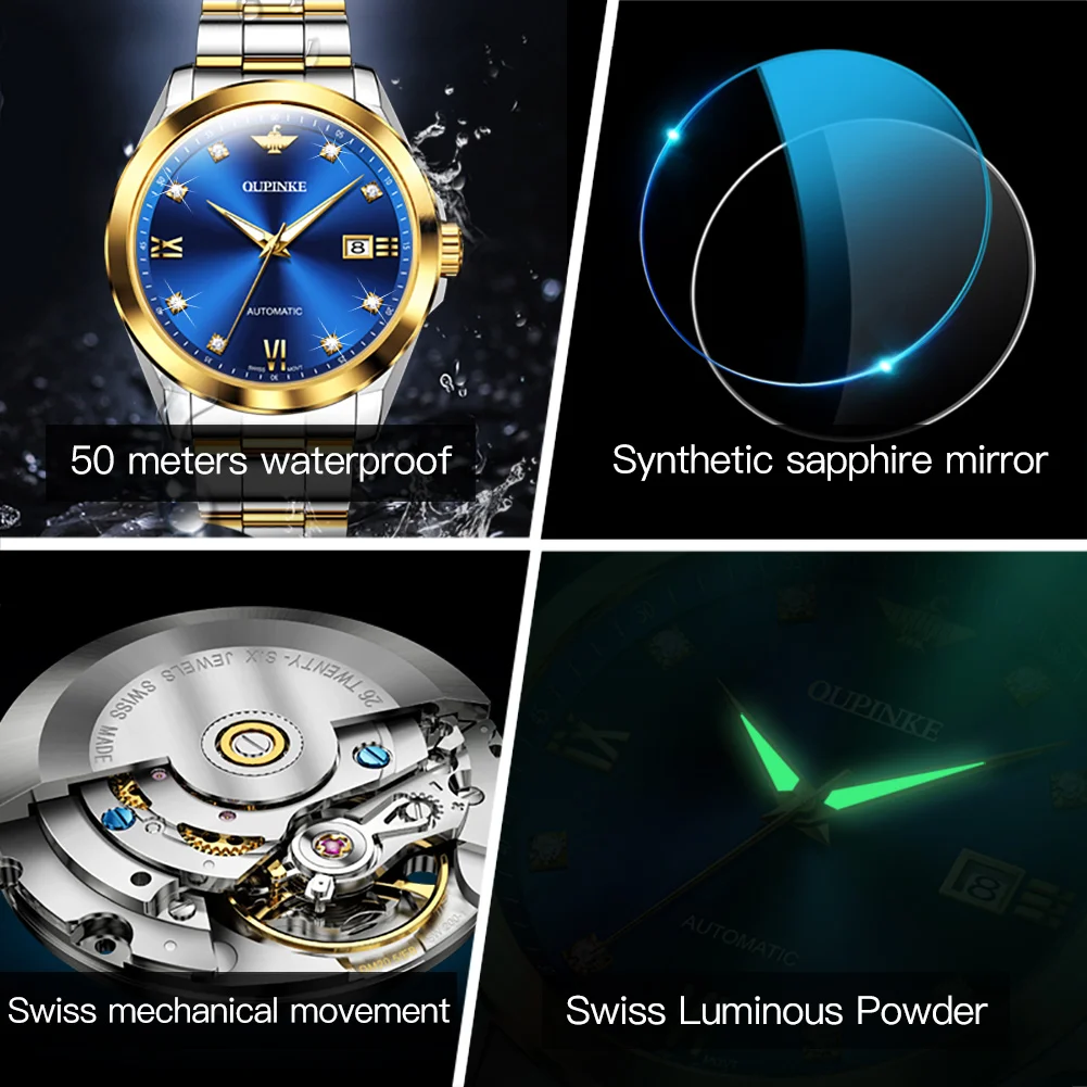 OUPINKE 3199 ساعة ماسية حقيقية للرجال الراقية حركة سويسرية ساعة ميكانيكية أوتوماتيكية للرجال ماركة فاخرة ساعة رجالية هدية Reloj