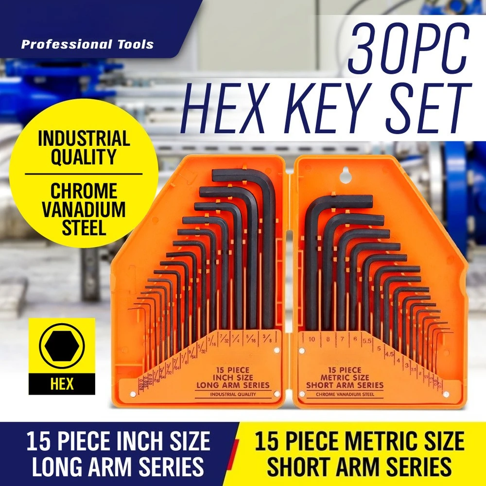 30PC Hex Key Set, Metric & SAE Allen Wrench Kit, Long & Short Arm Chrome Vanadium Steel Hand Tools