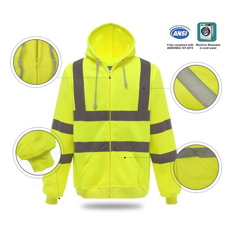 Men\'s High Visibility Safety Hooded Sweatshirt Pullover Hi Vis Fleece Jacket with Reflective Tripes Workwear Winter Work Wear