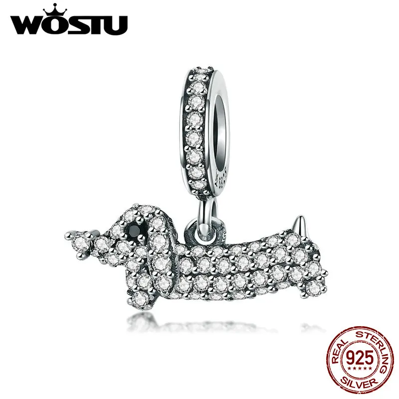 WOSTU Dog Charms 925 Sterling Silver Zirconia Animal Pooch Doggy Bulldog Beads Fit Original Bracelet Pendant DIY Jewelry