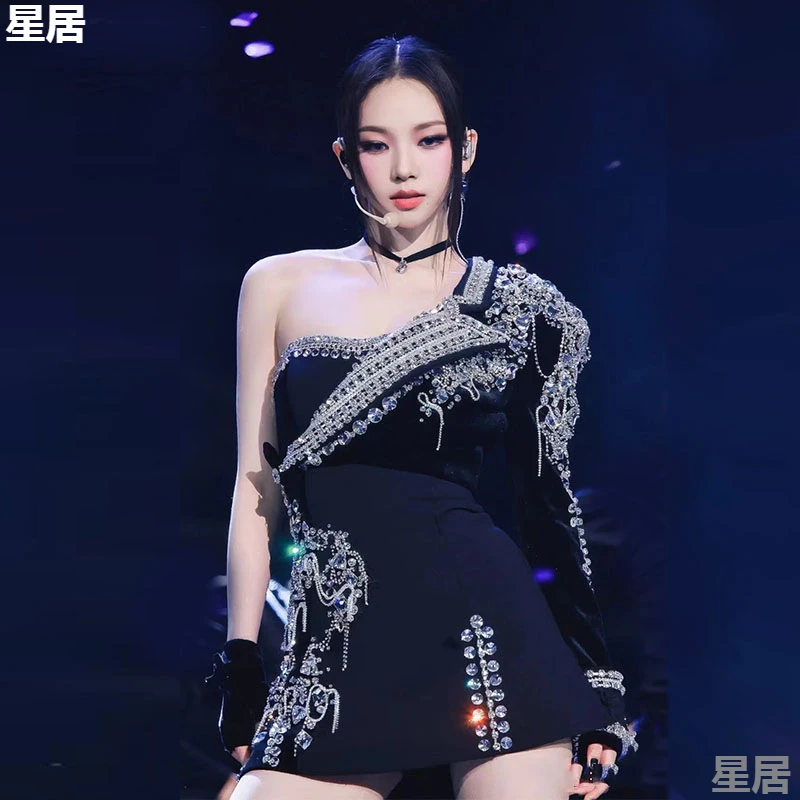 Kpop Korean Singer Sexy Off-Shoulder Shiny Dress Crop Tops Women Concert Jazz Dance Clothing Jazz Dancer Outfits Stage Costume