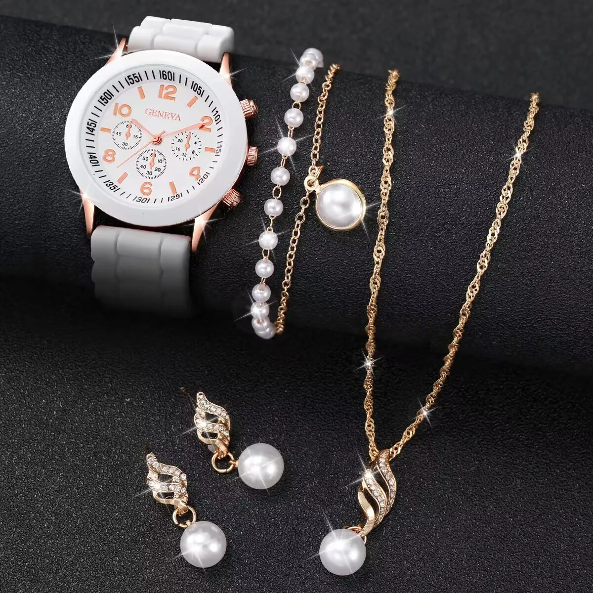 4PCS/Set Geneva Watch Pealrs Jewelry Set Fashion Silicone Band Women Quartz Wristwatch Female Casual Clock（Without Box）