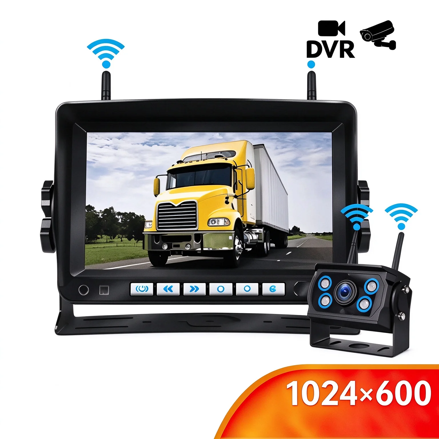 12V-24V for Trailer RV Bus，7 Inch IPS 1080P HD Wireless Truck Backup Camera System 500M Digital Wireless Rear View Monitor DVR