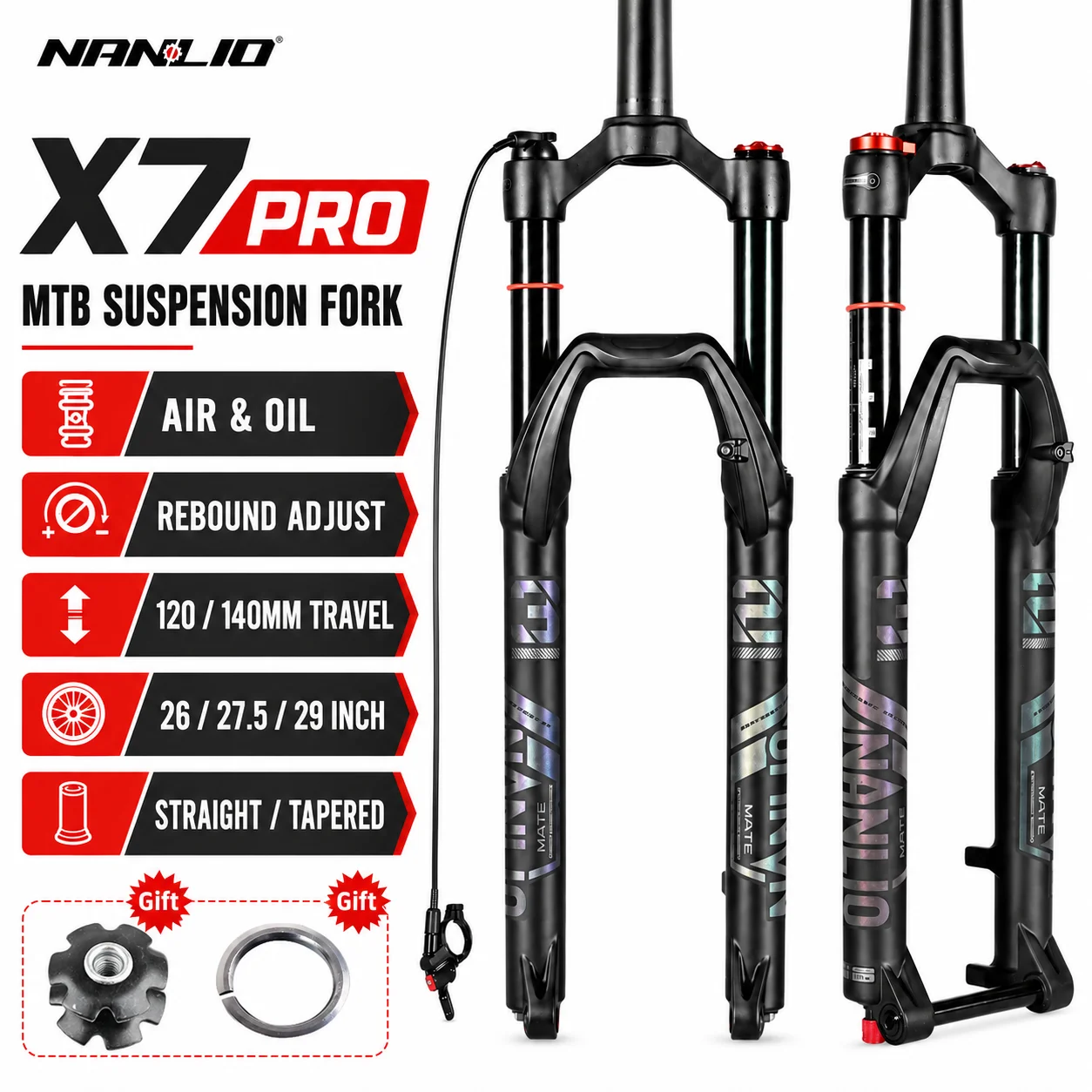 NANLIO X7 PRO MTB Air Suspension Fork Rebound Adjust 120/140mm