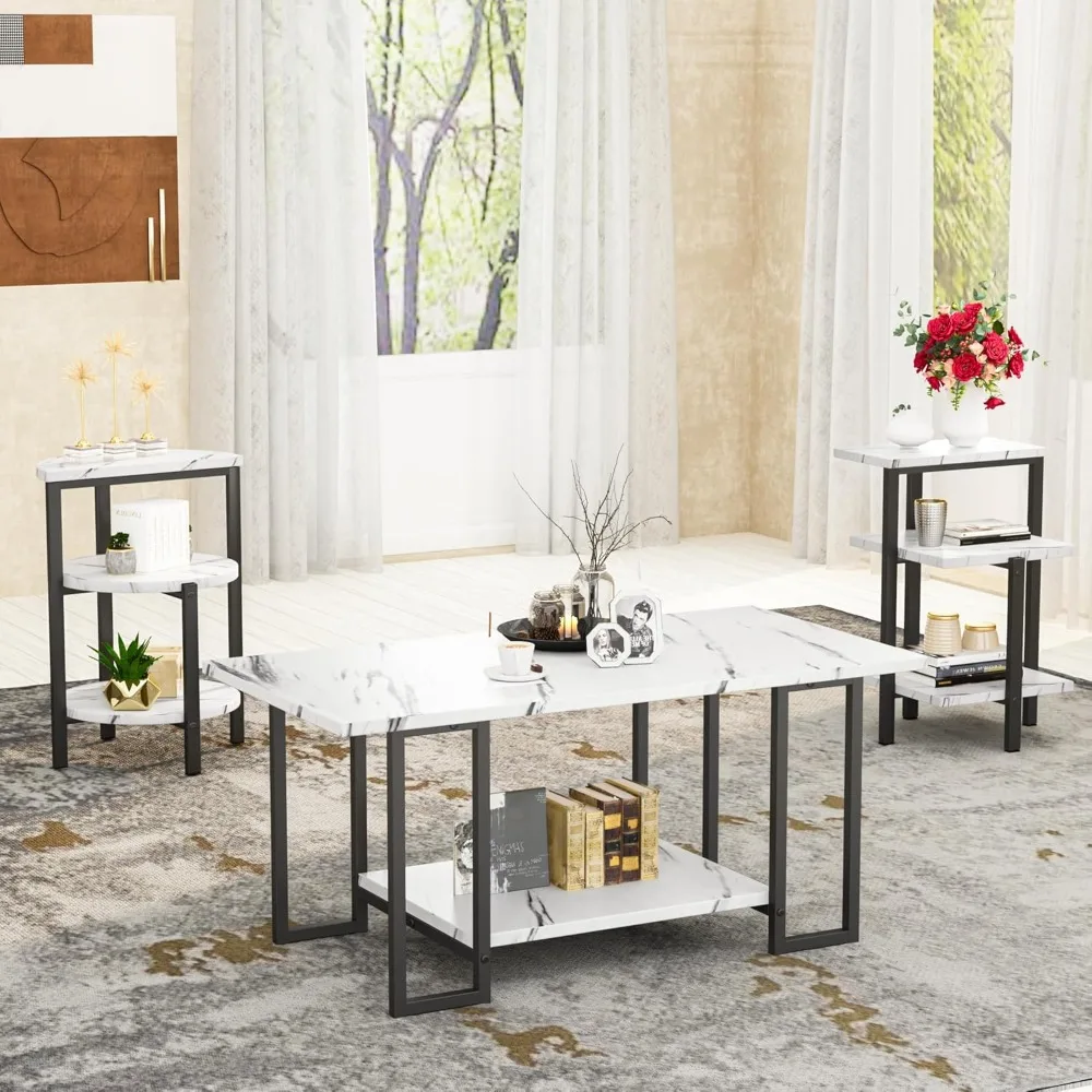 Faux Marble Table Set,Coffee Table&2Side Table,Faux Marble Tabletop and Metal Frame,3 Piece Table Sets,for Living Room Apartment