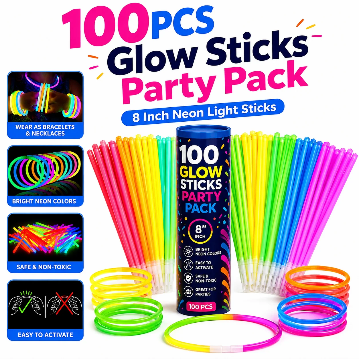 100 Stück 8 Zoll Leuchtstäbe Party-Pack, Neon-Leuchtarmbänder und -Halsketten für Geburtstags-, Hochzeits- und Festdekorationen