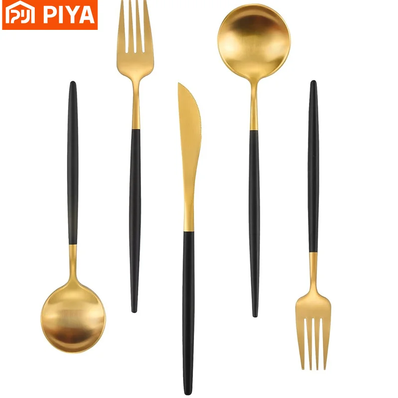 

Gold Silverware Set With Black Handle Stainless Steel Flatware Set Kitchen Utensil Set Gold Head Flatware Spoon and Fork Set