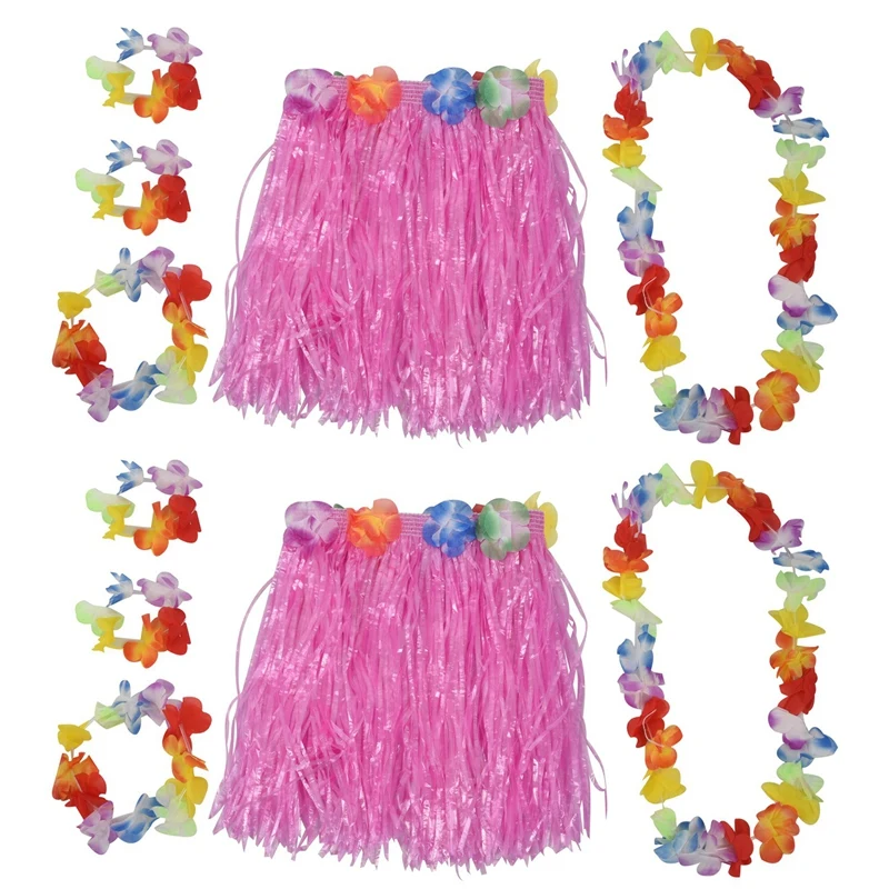 2X Set Pink Children Hawaiian Grass Skirt Hula Luau Party