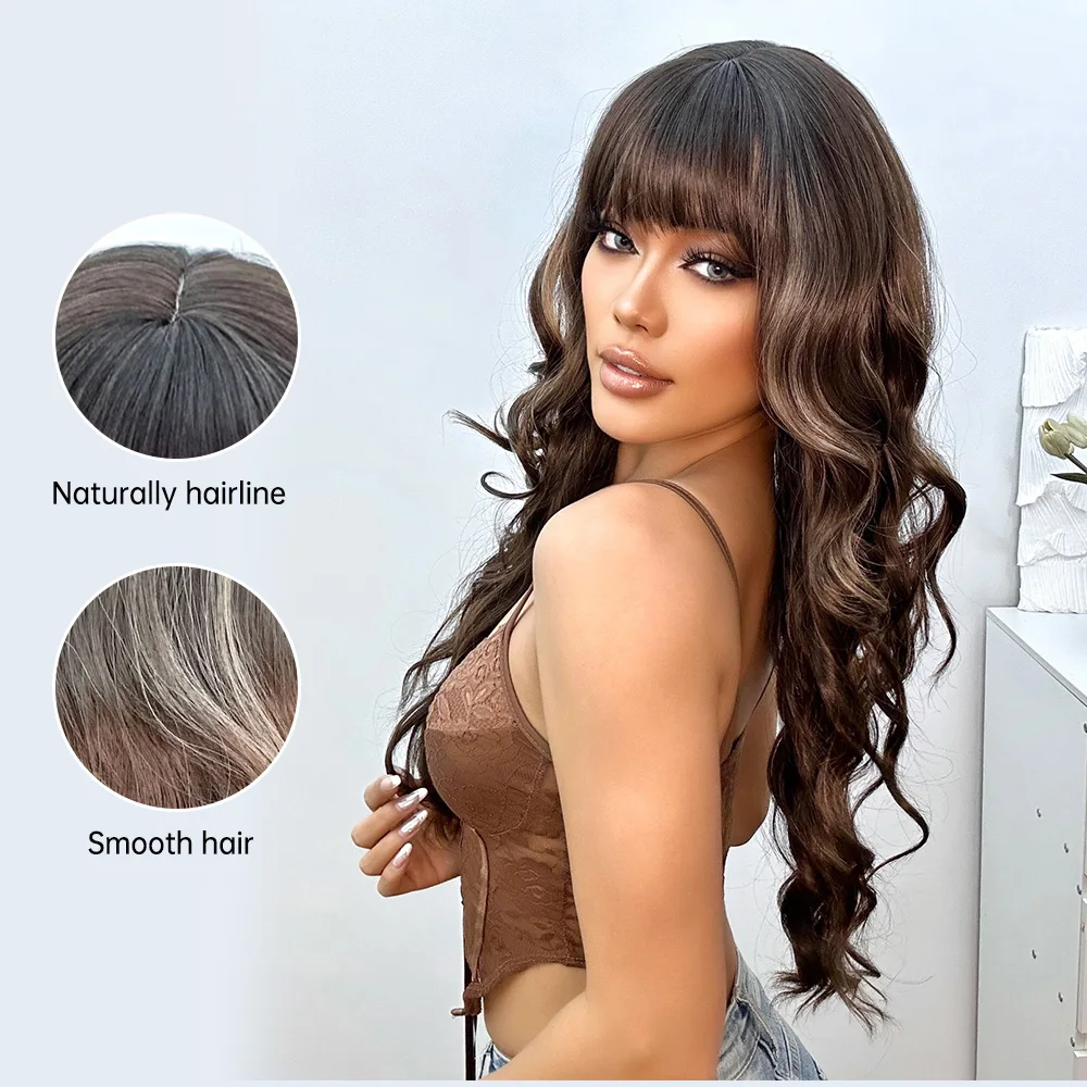 HENRY MARGU Brown Highlight Synthetic Wavy Wigs for Women Long Brown Wig with Bangs Heat Resistant Fiber Mixed Brown Daily Hair