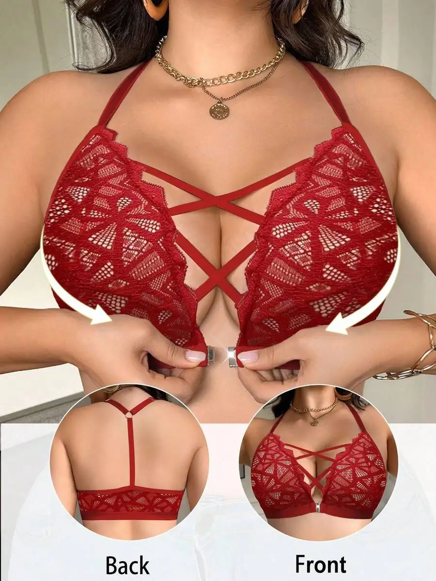 Red Lace Front Open Hook Bralette Wireless Lift Lingerie For Women Plus Size