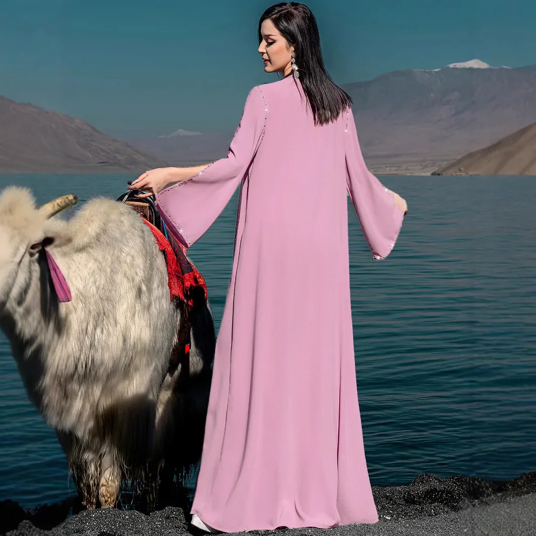 

Dubai Diamonds Beads Open Front Abaya Kimono for Women Muslim Pink Dress Turkey Kaftan Cardigan Party Morocco Islamic Clothing