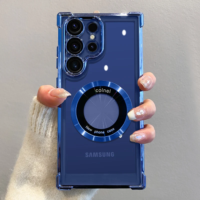 Custodia di carica wireless magnetica per placcatura di lusso per Samsung S25 S24 Ultra S23 Fe S22 Plus S21 Nota 20 Copertina di protezione delle lenti trasparente