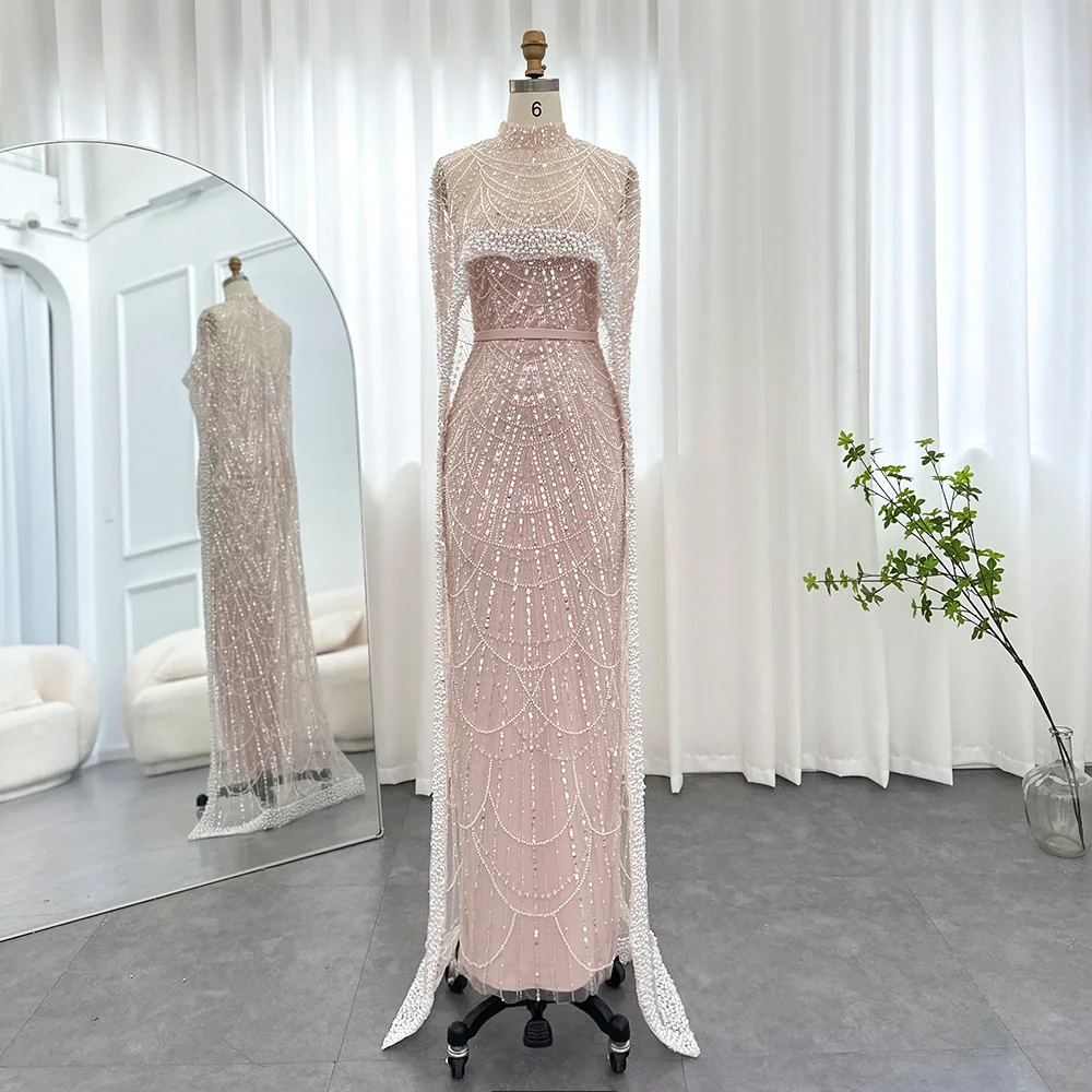 Sharon Said Luxus-Perlen Dubai Champagner Meerjungfrauen-Abendkleider mit Cape-Ärmeln Arabisches Hochzeits- und Abschlussballkleid SS369 Maßanfertigung – Detail 19