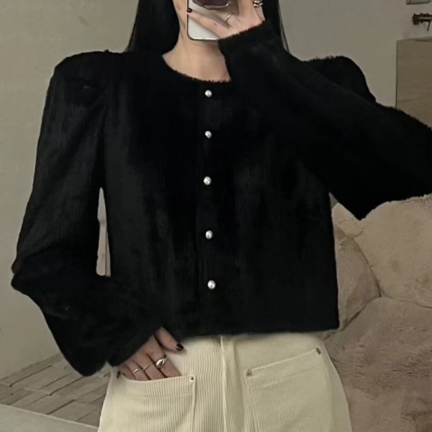 패셔너블한 캐주얼 퍼 텍스처 레트로 디자인 감성 가을 겨울 여성용 스트레이트 컷 코튼 아우터웨어