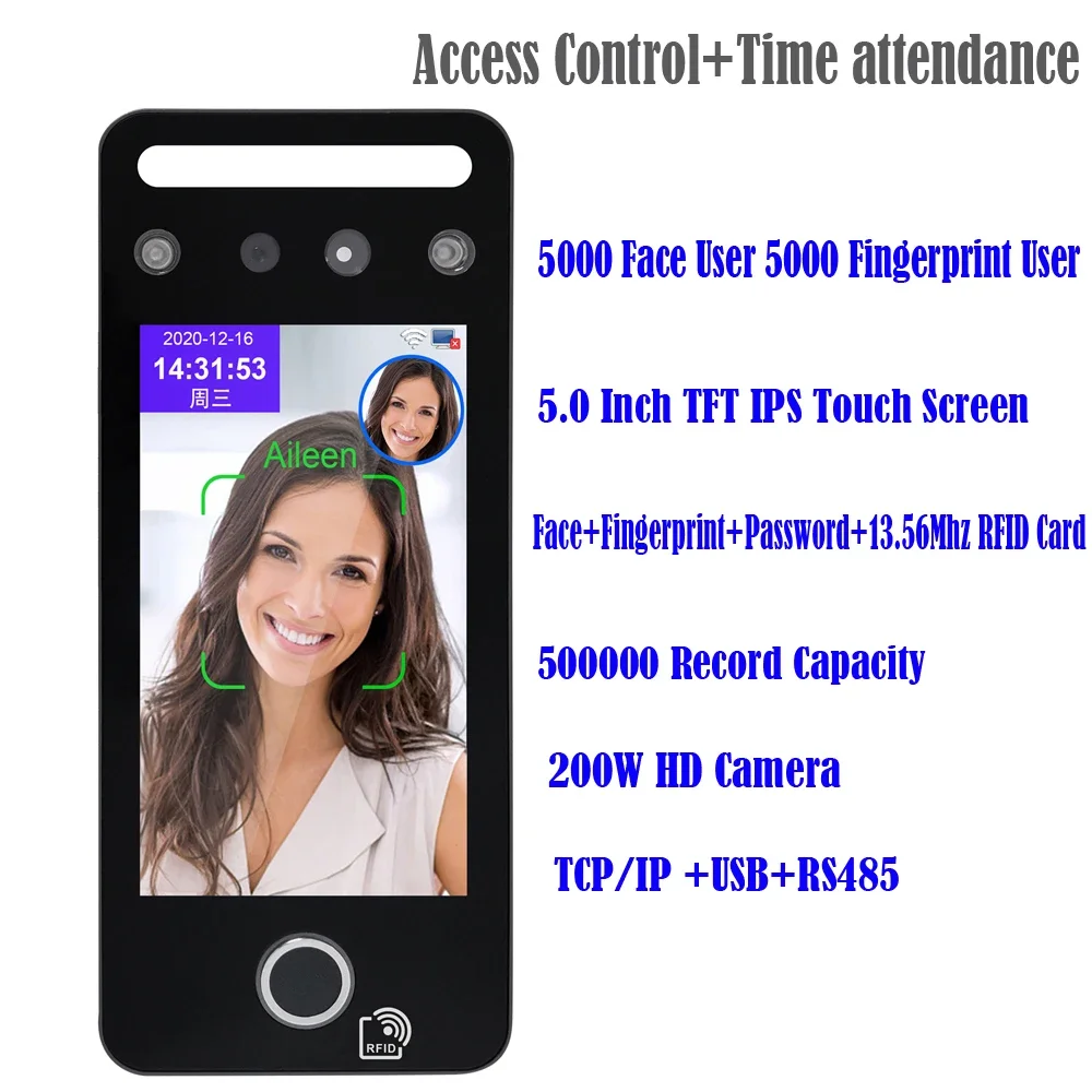 5 inch Touch Screen Face Recognition Device Dynamic TCP/IP Fingerprint Employee Time Attendance Access Control Multi language