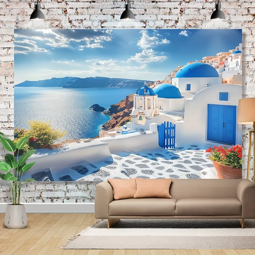 1pc santorini greece coastal village tapestry white buildings blue domes aegean sea view
