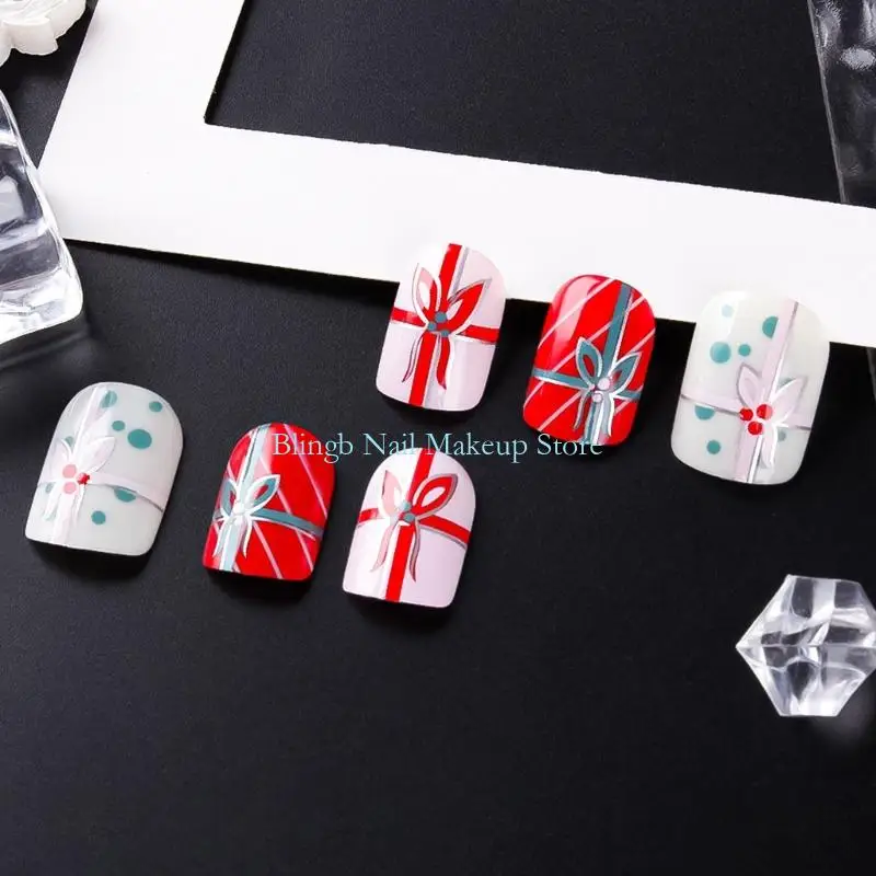 28taクリスマスフェイクネイルセット24マットの正方形の形状赤みの白い花柄のデザインスパークリンググリッター仕上げabsマテリアルギフト
