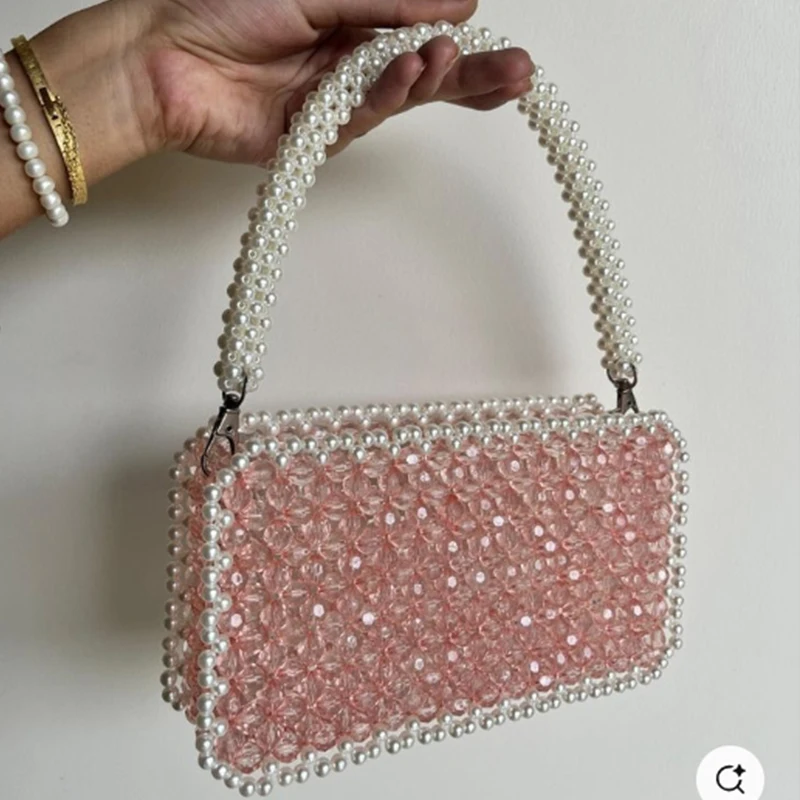 

New Party Banquet Ladies Handbag Ins Design Pearl Bead Making Small Square Bags for Women 2025 Customizable Handmade Women's Bag