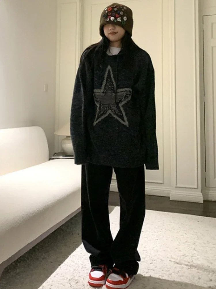 

Korean Vintage Grunge Star Sweatshirt Y2k Aesthetic Loose Harajuku Women's Hoodies Autumn Fashion All Match Knitted Sweatshirts