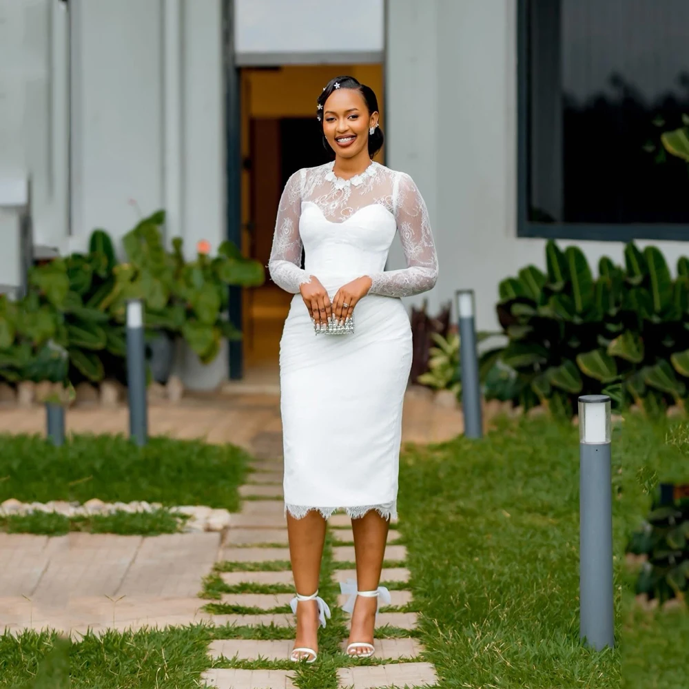 

Short Wedding Dresses Ivory Full Sleeve Sheath/Column Wedding Gown for Women 2026 Bride O Neck Lace Midi Bride Dress Customized