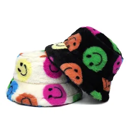 Smiling Face Printed Winter Thickened Fluffy Fur Bucket Hats Men Women Panama Hat Warm Fisherman Cap Autumn Outdoor Rabbit Hair