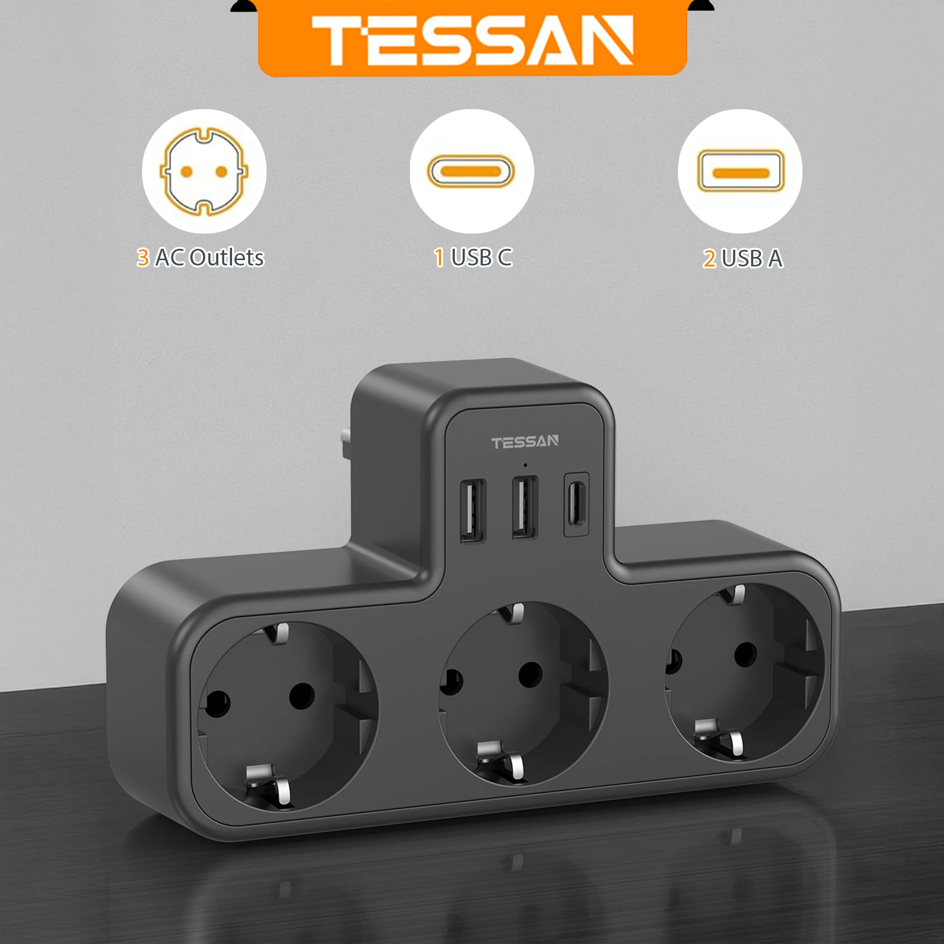 TESSAN Mehrfach-USB-Steckdose, 6-in-1-Steckdose nach EU-Standard mit 3 AC-Steckdosen, Adapter, Wandladegerät für das Heimbüro