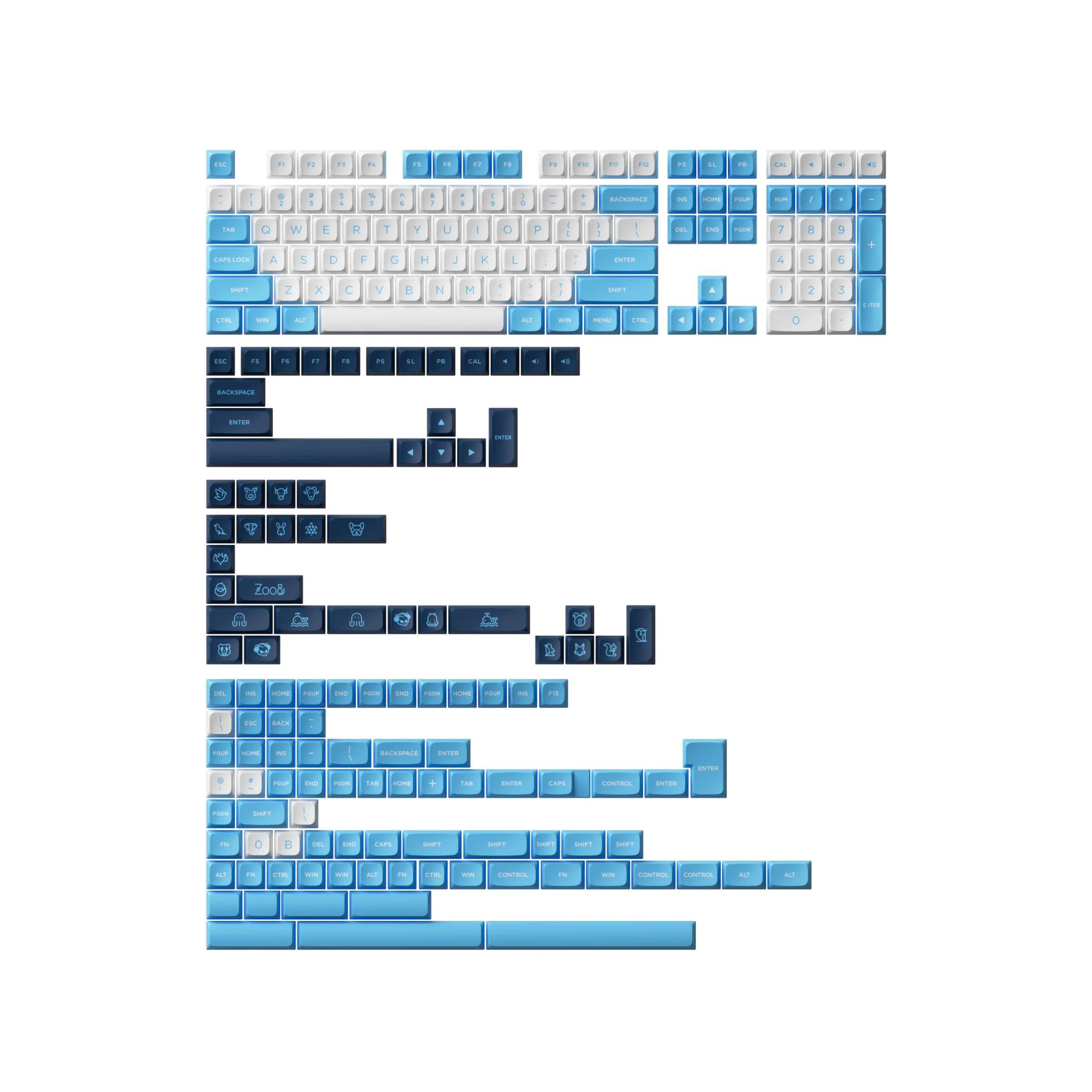 MDA-Juego de teclas PBT, 227-Key UNC Blue/Panda/Neon/Olivia ANSI/ISO, diseño para teclados mecánicos MX, teclas personalizadas