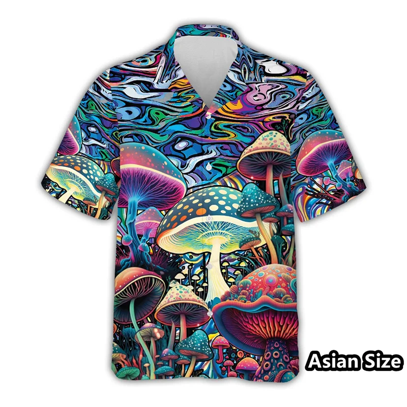 

Colorful Magic Mushroom Hawaiian Shirts For Men Abstract Graphic Beach Shirt 3D Printed Plants Short Sleeve Tops Lapel Blouse