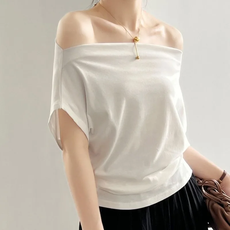 T-shirt con scollo a barchetta per donna elegante Design con spalle scoperte Solid Summer top manica corta moda donna abbigliamento Casual semplice