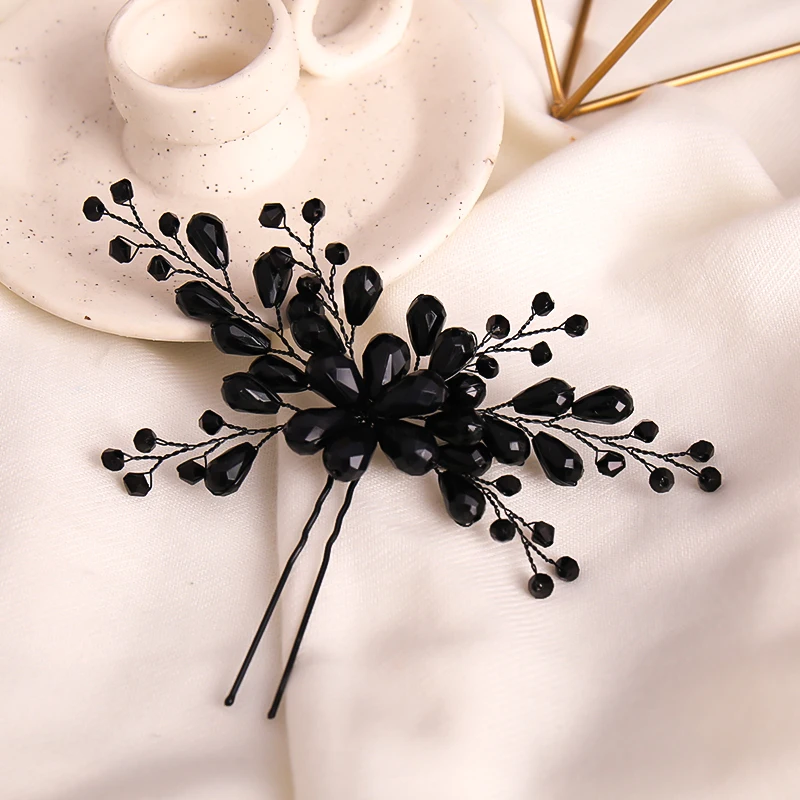 Handmade Baroque Vintage Black Hair Clips For Women Bride Wedding Hair Accessories Party Crystal Hairgrips