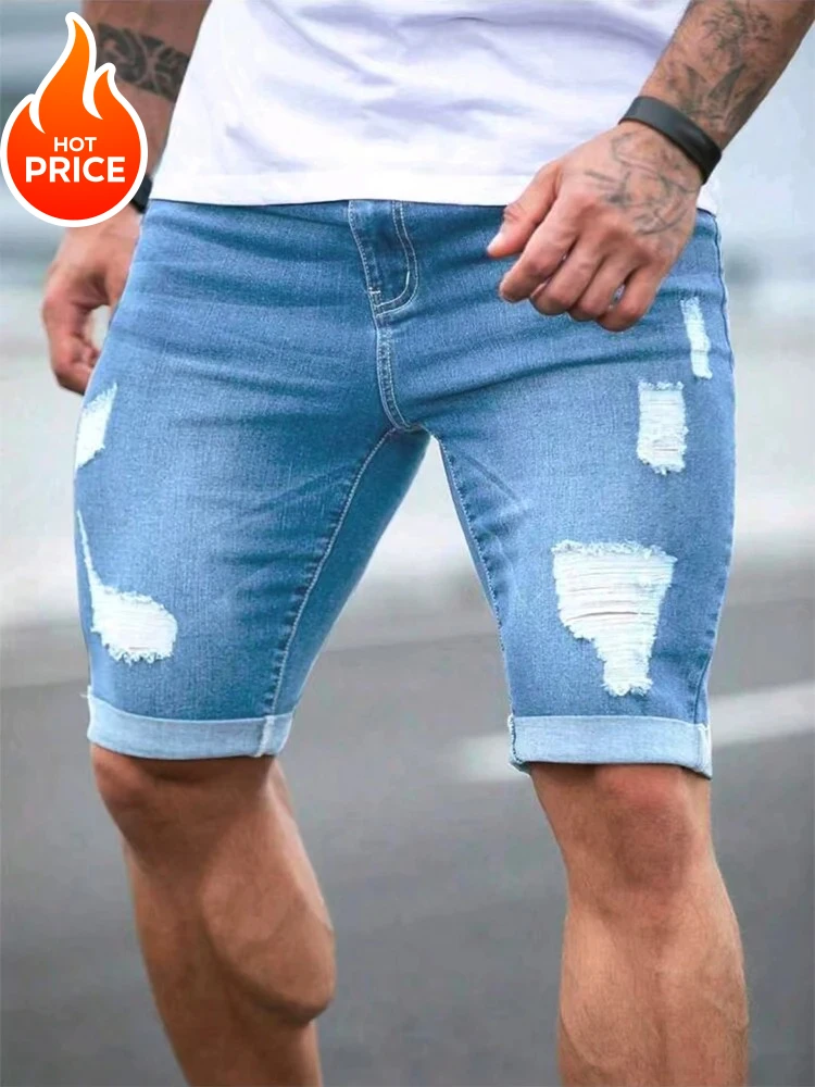 Kurze Jeans für Herren, Sommer Retro High-Waist Denim-Shorts, Lochdesign, Gerade Geschnittene Dehnbare Freizeithose im Amerikanischen Stil