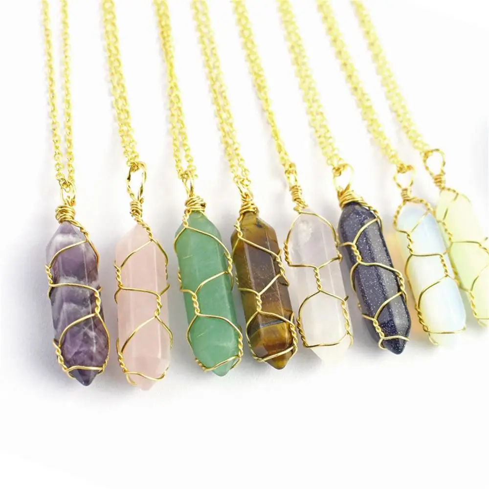 2024 Natural Stone Necklaces Bullet Pink Crystal Wire Wrap Pendant Necklace Hexagonal Column Quartz Choker Women Jewelry Gifts