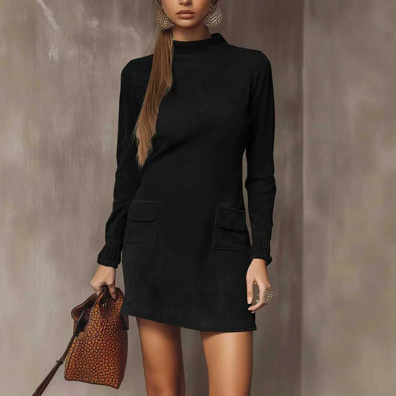 Femmes élégantes à manches longues robe de soirée col rond conception de poche Faux daim Mini robe femmes automne hiver mince robes de soirée