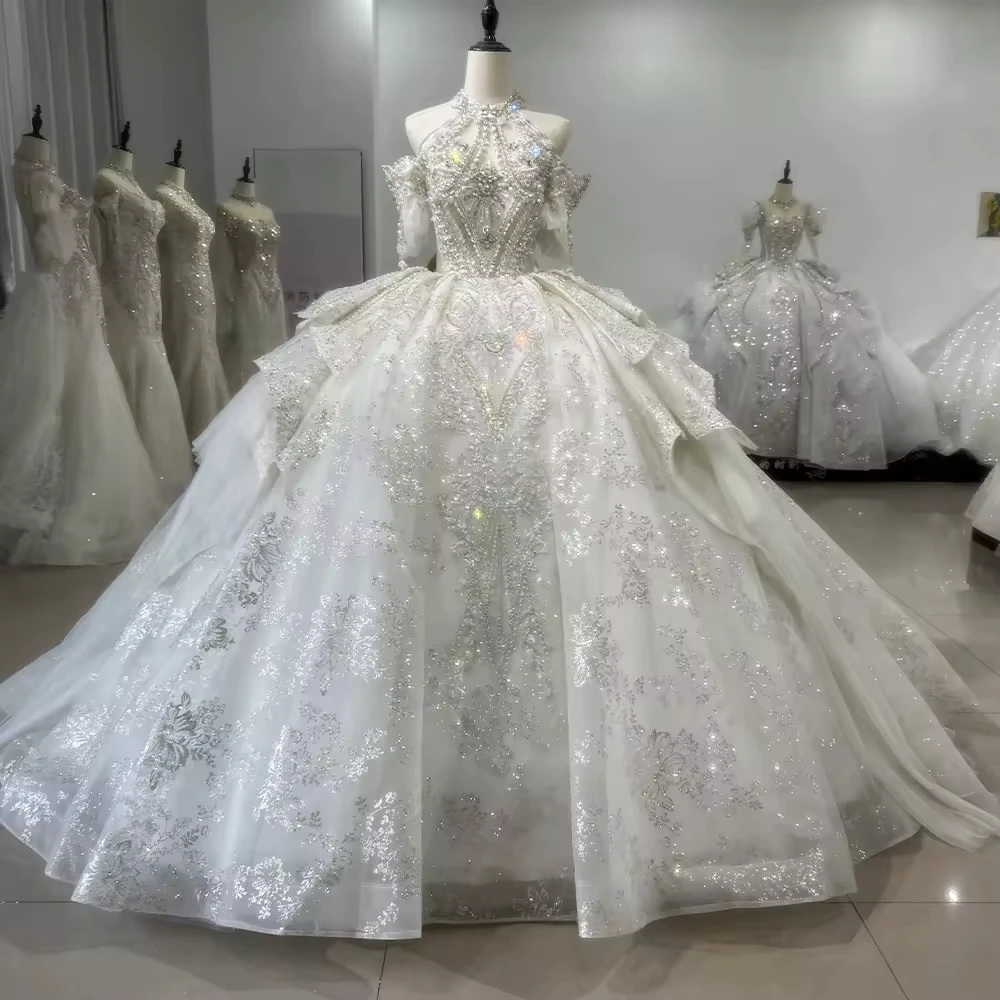 Suknia Slubna 2025 Halter Wedding Dress Lace Up Keyhole Back Beading Crystal Embroidery Luxury Ball Gown Customized Bridal Dress