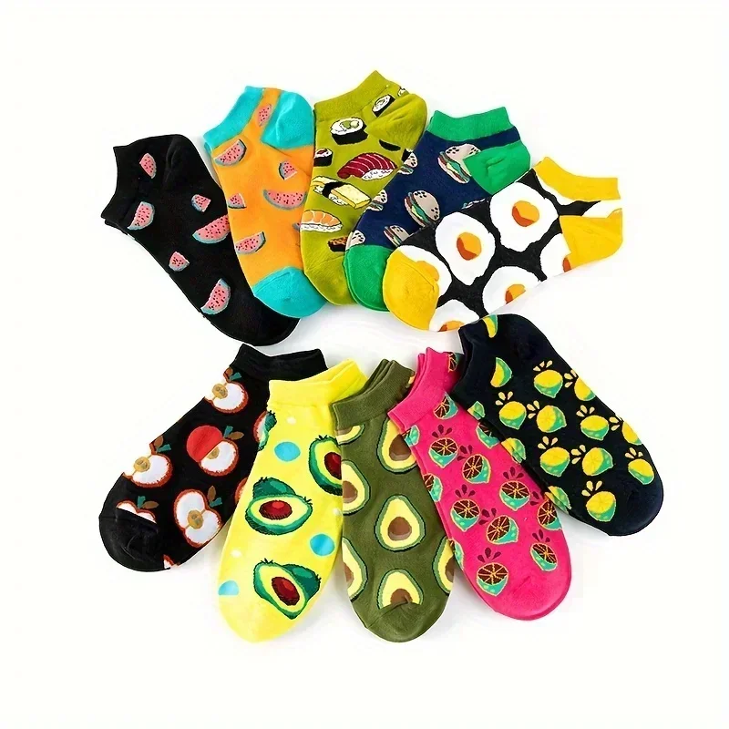 6 Pairs Cartoon Fruit Funny Socks Women Men Cute Ankle Slipper Socks Aesthetic Printing Summer Short Sports Socks Cotton NO-Show