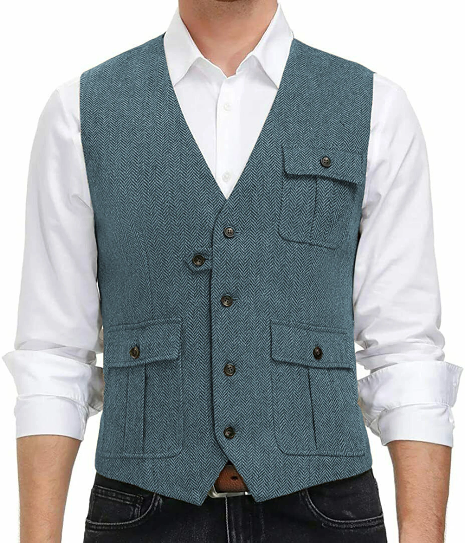 

Light Blue New Men Vest Wool Tweed Casual Waistcoat Formal Business Vest For Wedding Groomsmen Party Banquet Suit