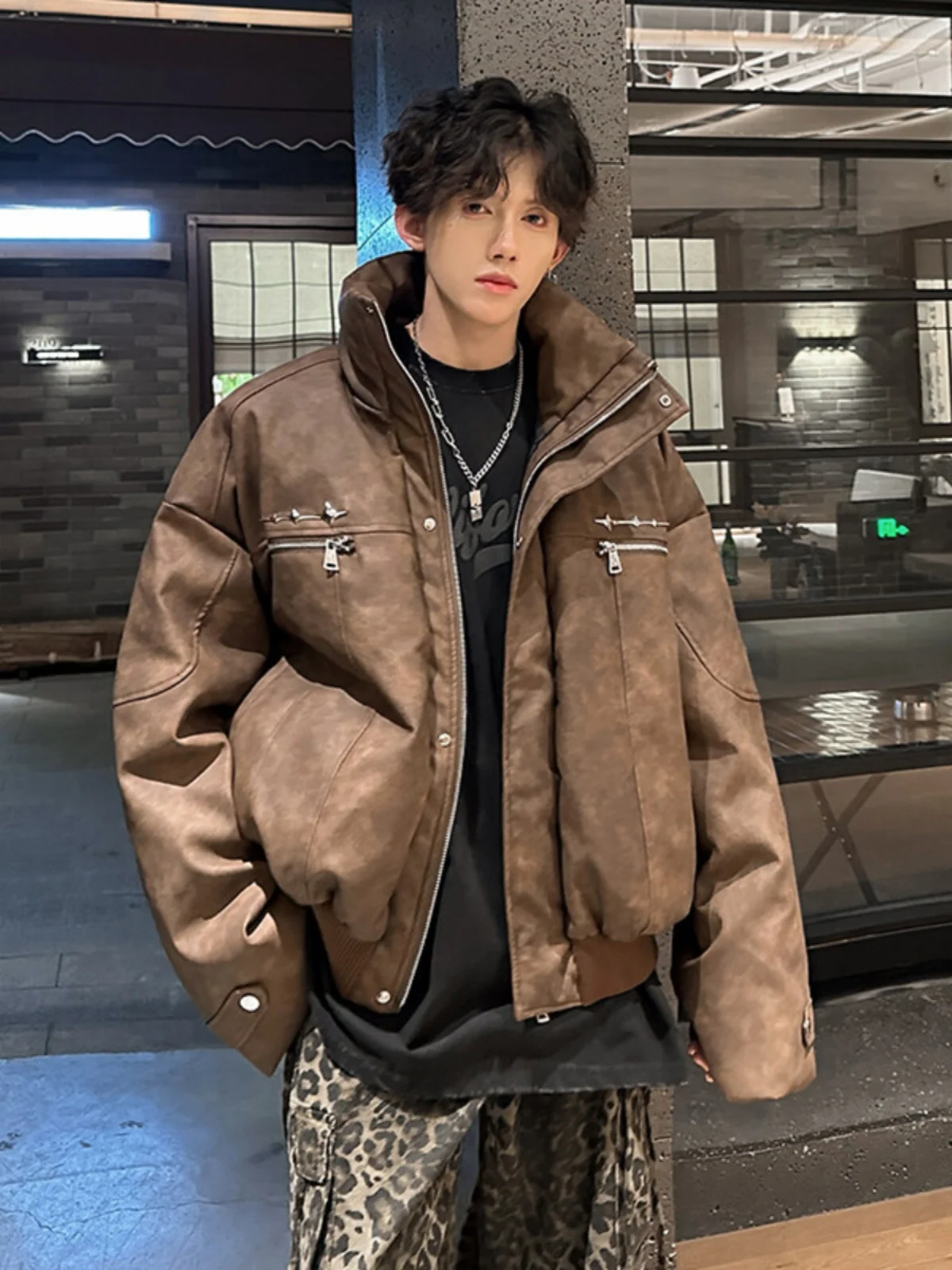 

ort Parka Jaet Men's Du down Coat Coffee Color Korean Sle Winter Workwear Cotton Jaet American Retro Pilot Jaet