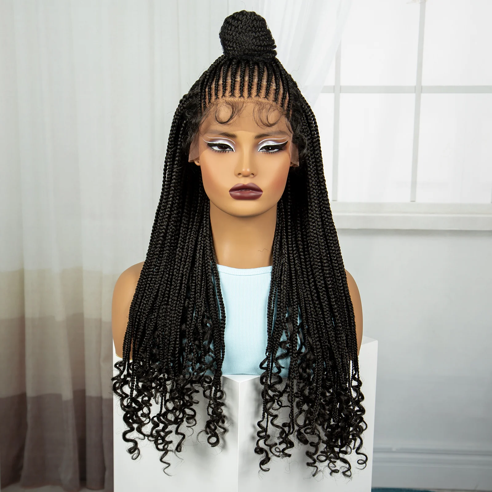 26 inches Synthetic Lace Front Updo Braided Wigs With Curly Ends 13x4 Cornrow Braiding Hair Wigs with Baby Hair for Black Women