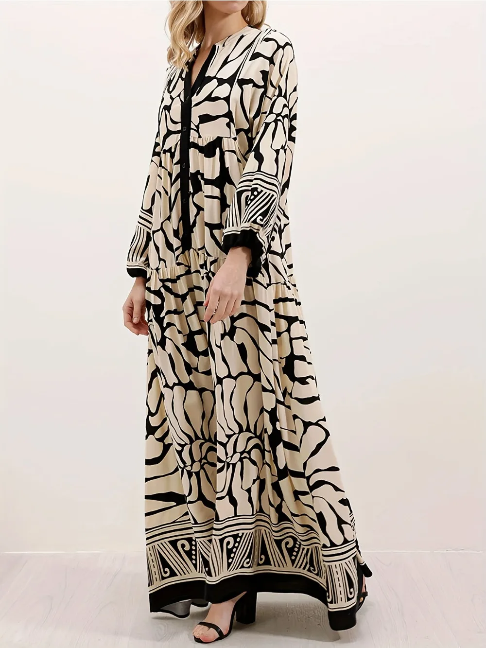 Eid Frauen Kleid Muslimischen Herbst Druck V-ausschnitt Abaya Dubai Vestidos Largos Lange Kleider Arabischen Robe Party Kaftan Jalabiya Ramadan